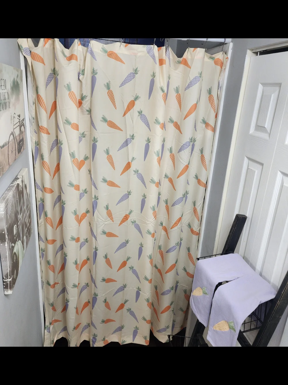 Springtime Bath Set. 6pc Carrot Pattern Shower Curtain Set - Cream/Orange/Purple